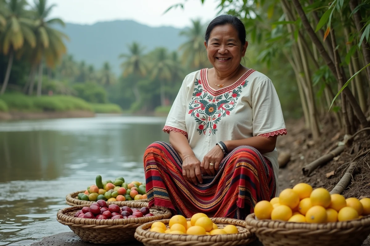 Femme filipino traditionnelle près de la rivière avec paniers colorés