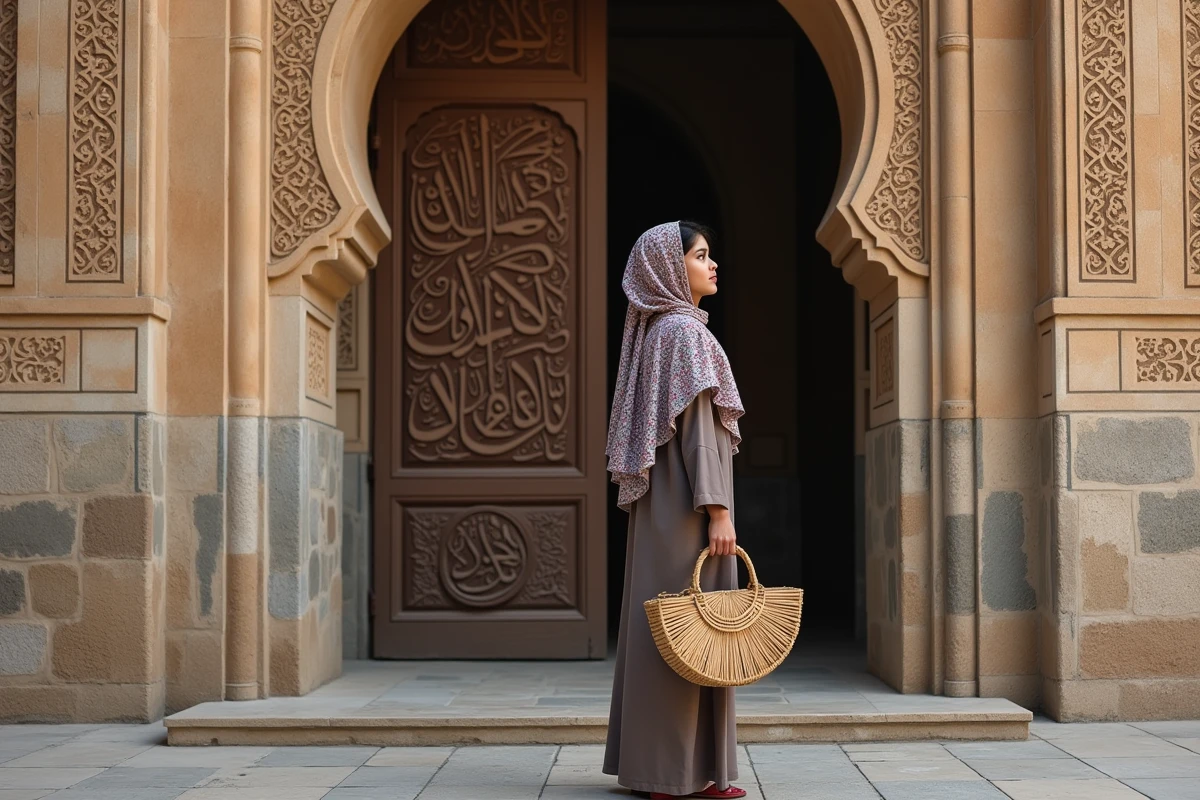Jeune femme en abaya devant une mosquee de Deira
