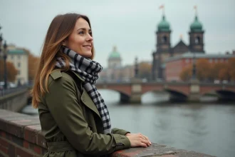 Femme sur le pont Oberbaumbrücke à Berlin avec l'East Side Gallery en arrière-plan lors d'un week-end de découverte