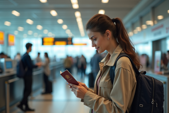 Jeune femme vérifiant son passeport à l'aéroport