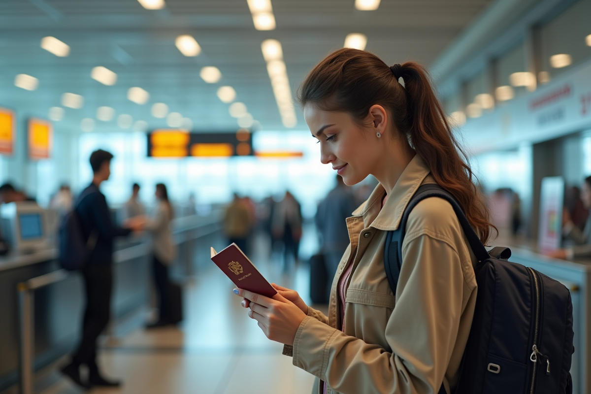 Jeune femme vérifiant son passeport à l'aéroport