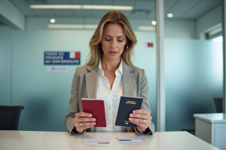 Femme examinant ses passeports dans un bureau officiel