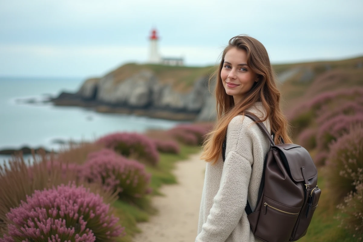 Jeune femme regardant le phare de Ploumanac’h en Bretagne