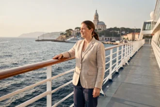 Femme sur le pont d'un bateau de croisière au port de Marseille regardant la mer Méditerranée avant le départ vers Venise