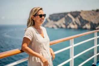 Femme en robe de lin admirant la côte méditerranéenne depuis le pont d'un bateau de croisière
