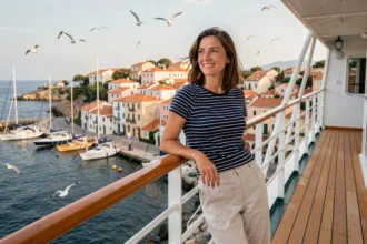 Femme accoudée au bastingage d'un bateau de croisière avec vue sur un port méditerranéen coloré en arrière-plan
