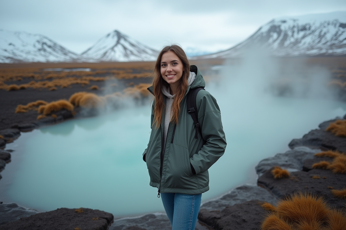 Jeune femme souriante près d'une source géothermique en Islande