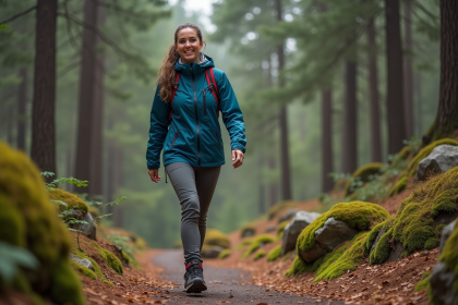 Femme souriante en randonnée dans la forêt