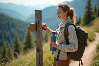 Jeune femme en nature avec bouteille réutilisable