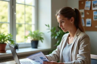 Femme consultant des brochures de vacances et un site de location en ligne depuis son bureau à domicile