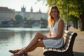 Femme assise sur un banc au bord de la Vltava à Prague