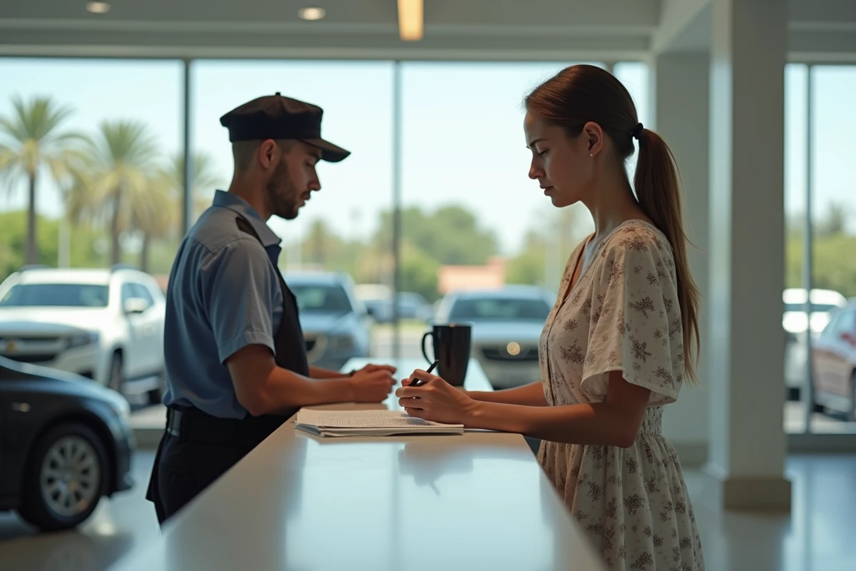 Jeune femme discutant avec un agent de location de voiture