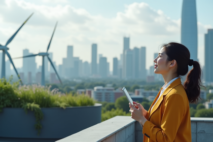 Femme réfléchie sur un rooftop urbain avec skyline et éoliennes