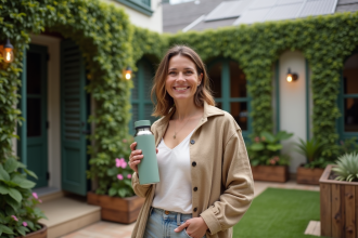 Femme souriante dans un hôtel écologique en jardin
