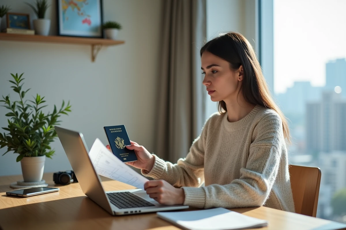 Femme avec passeport et ordinateur dans un appartement lumineux