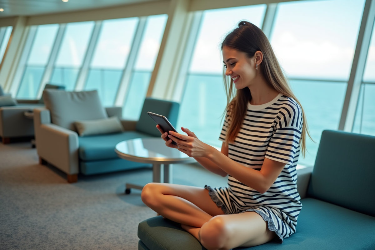 Jeune femme en lounge de croisière en vidéo chat avec sourire
