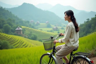 Jeune femme vietnamienne sur un vélo dans une riziere
