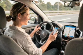 Femme au volant consultant l'application Mappy sur smartphone pour planifier son itinéraire de vacances