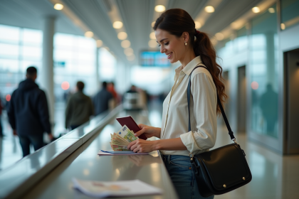 Femme voyageuse comptant des billets à l'aéroport
