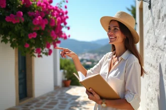 Femme souriante devant village grec à Kythira