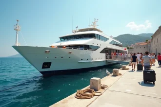 Ferry blanc amarré au port de Dubrovnik avec des passagers embarquant pour l'île de Mljet par une matinée d'été