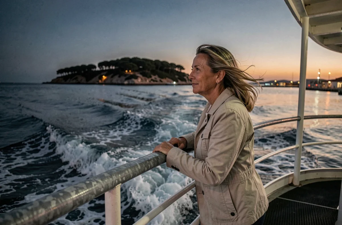 Passagère à bord du ferry du soir observant le port depuis le pont lors du départ vers Porquerolles
