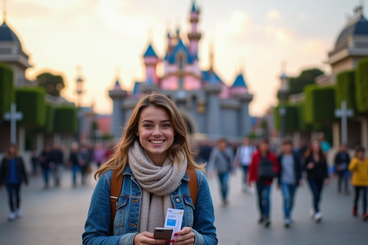 Jeune femme souriante devant le château de Disneyland Paris