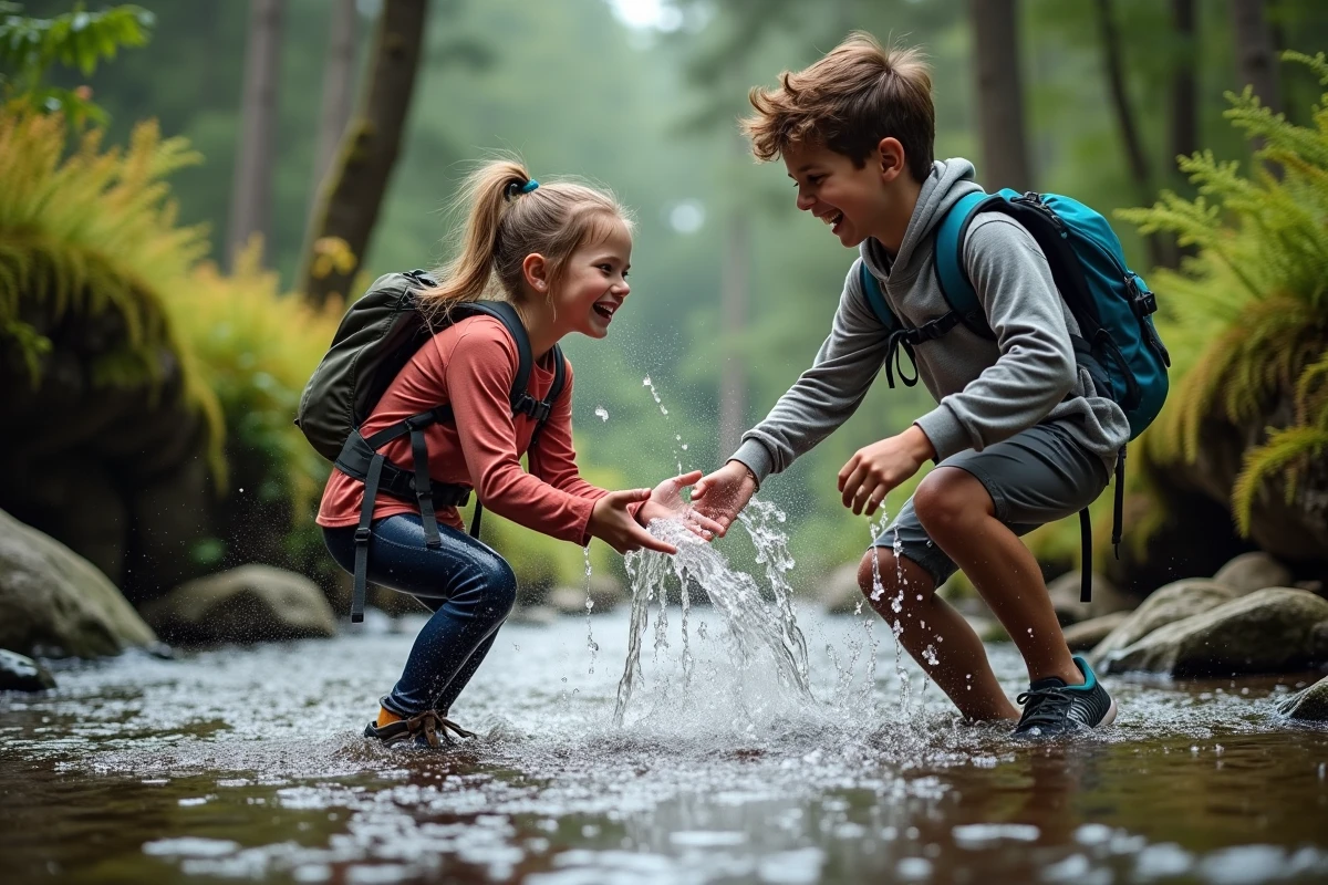 Freres qui jouent dans un ruisseau en for&ecirc;t en Auvergne