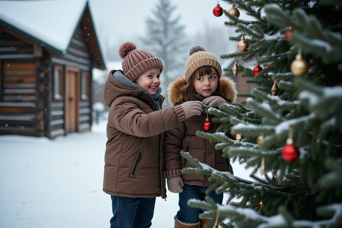 Jeune garçon russe et sa grand-mère décorant un sapin en hiver