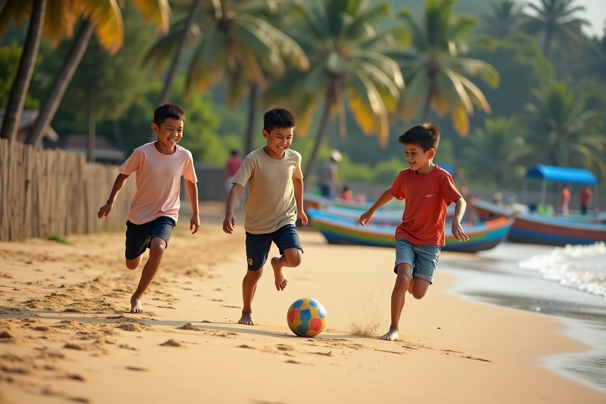 Groupe de gar&ccedil;ons jouant au soccer sur la plage