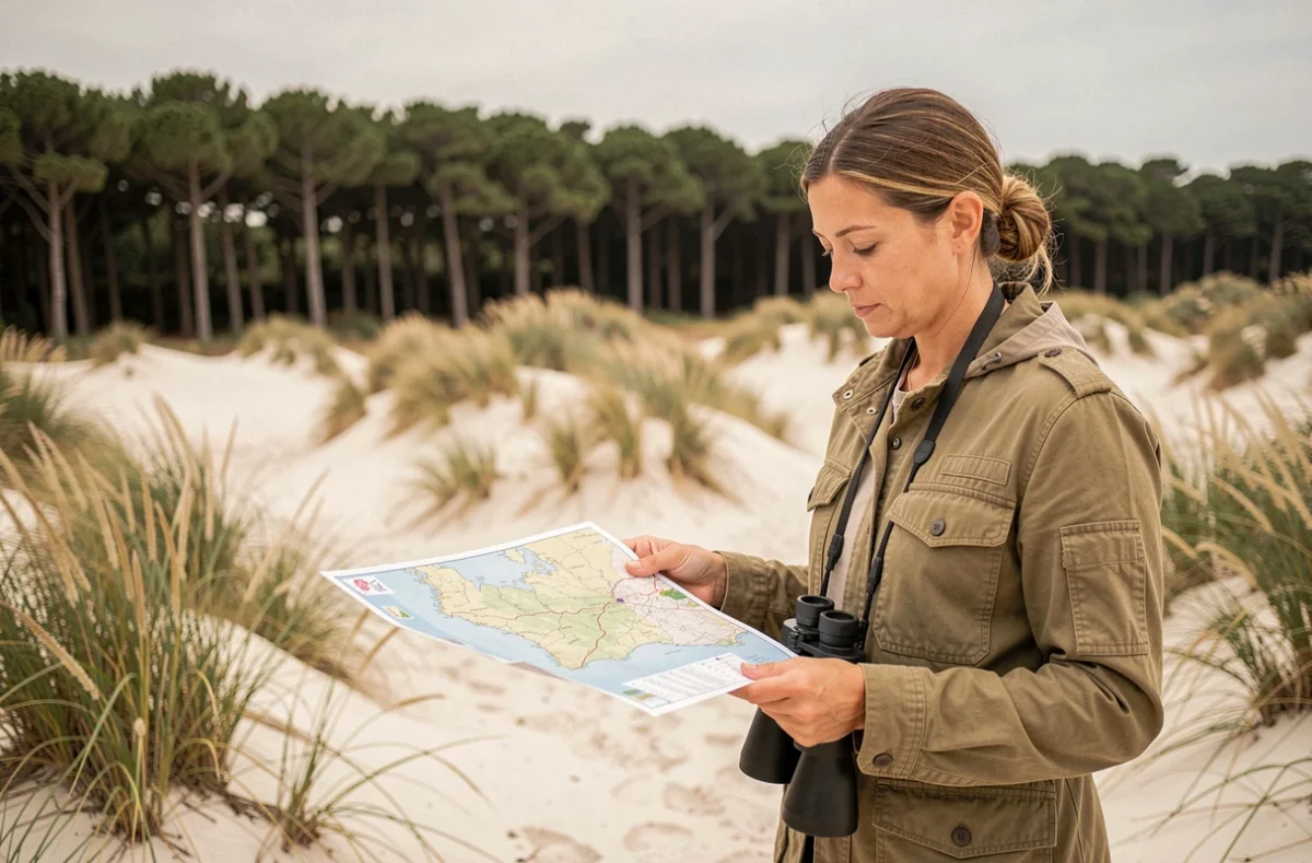 Garde de réserve naturelle consultant une carte des zones protégées sur les dunes de l'île de Ré