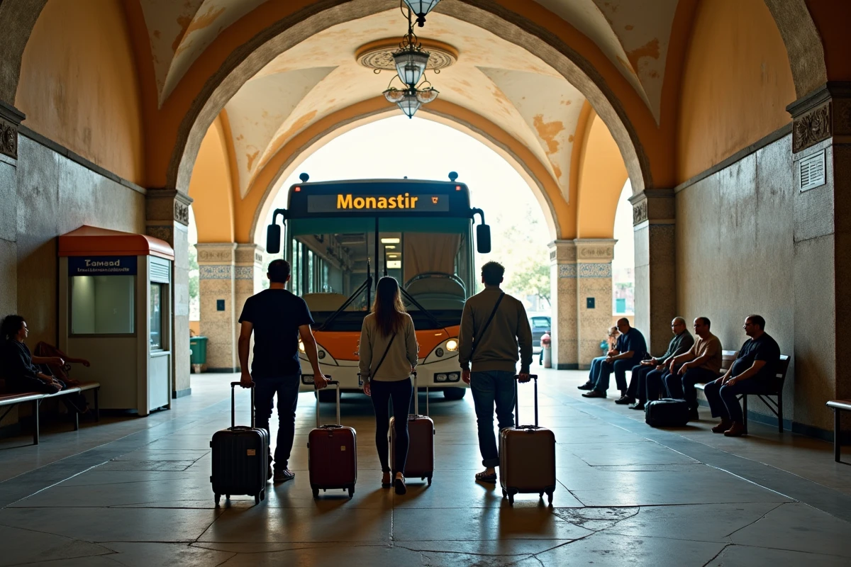 Voyageurs à petit budget à la gare routière Bab Alioua de Tunis prenant le bus régional vers Monastir
