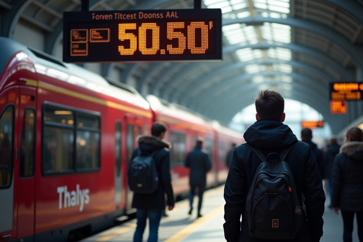Plateforme de train Thalys animée dans une grande gare européenne avec voyageurs et panneau digital
