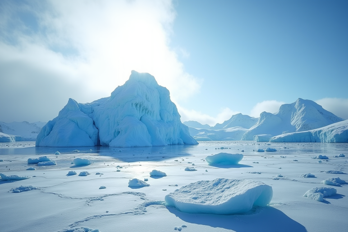 Paysage antarctique avec glaciers bleus et icebergs