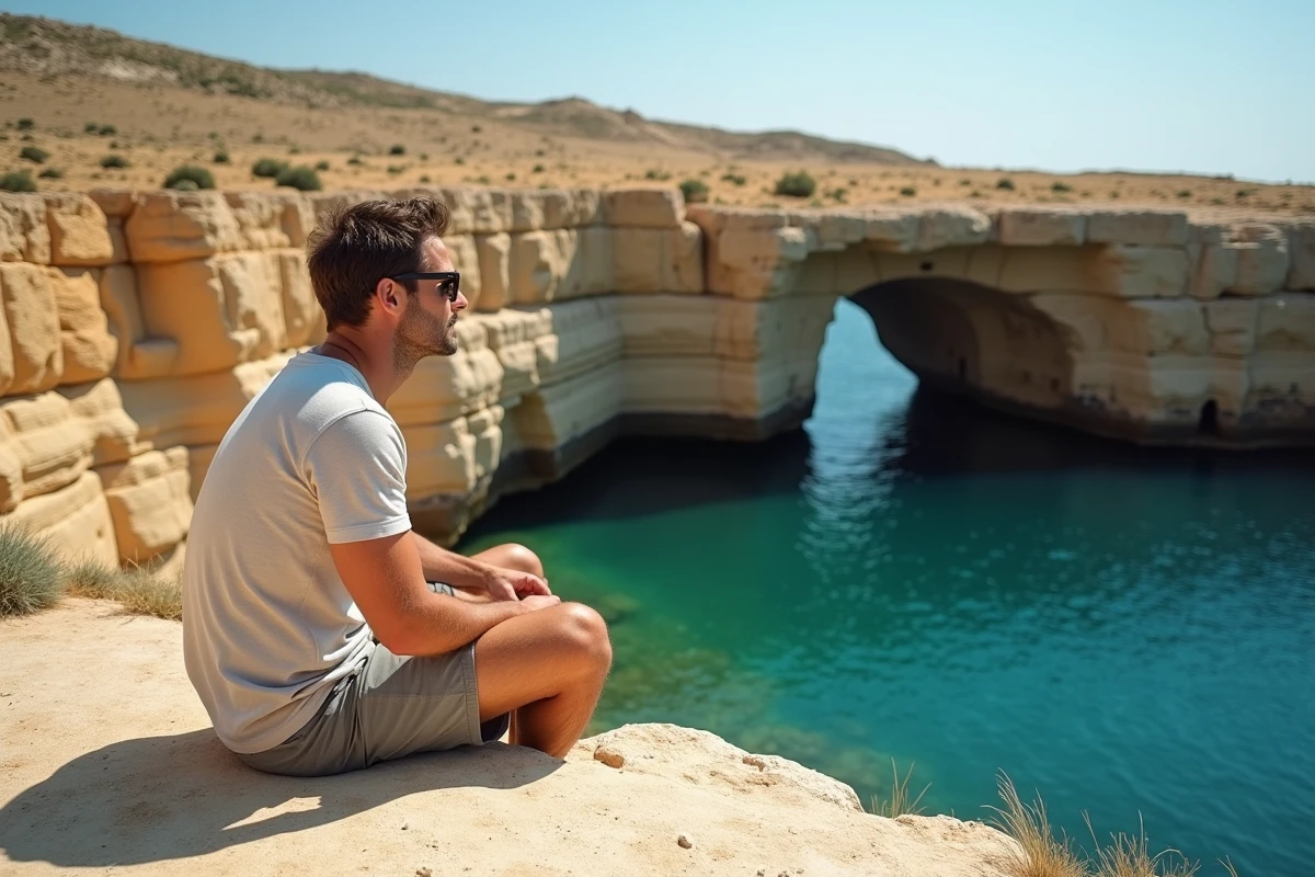 Homme assis sur un rocher calcaire à Dwejra à Gozo contemplant les vestiges de l'Azure Window et les eaux turquoise de la Méditerranée