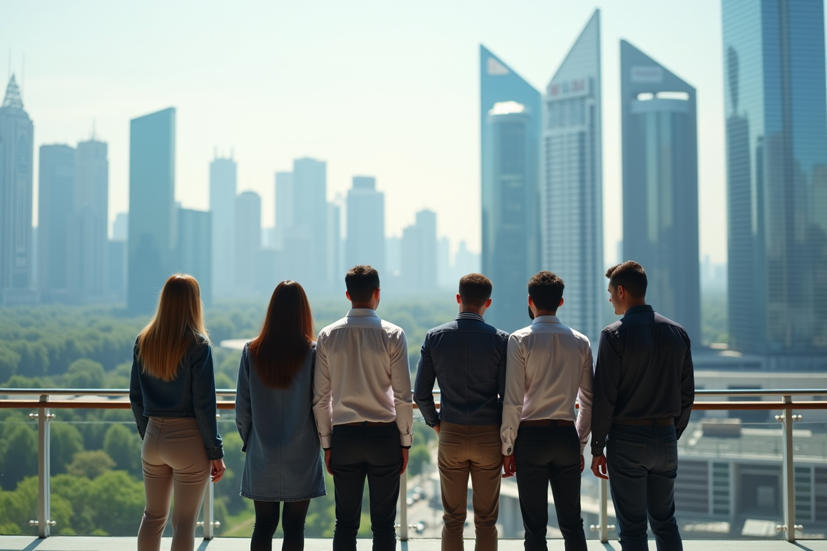 Groupe de jeunes professionnels sur un rooftop avec ville futuriste