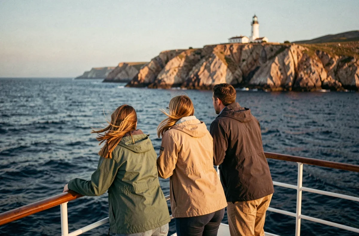 Groupe d'amis à la proue d'un ferry de croisière observant un phare rocheux lors d'une mini croisière en week-end