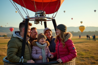 Groupe d'adultes et d'enfants dans une nacelle de montgolfière colorée