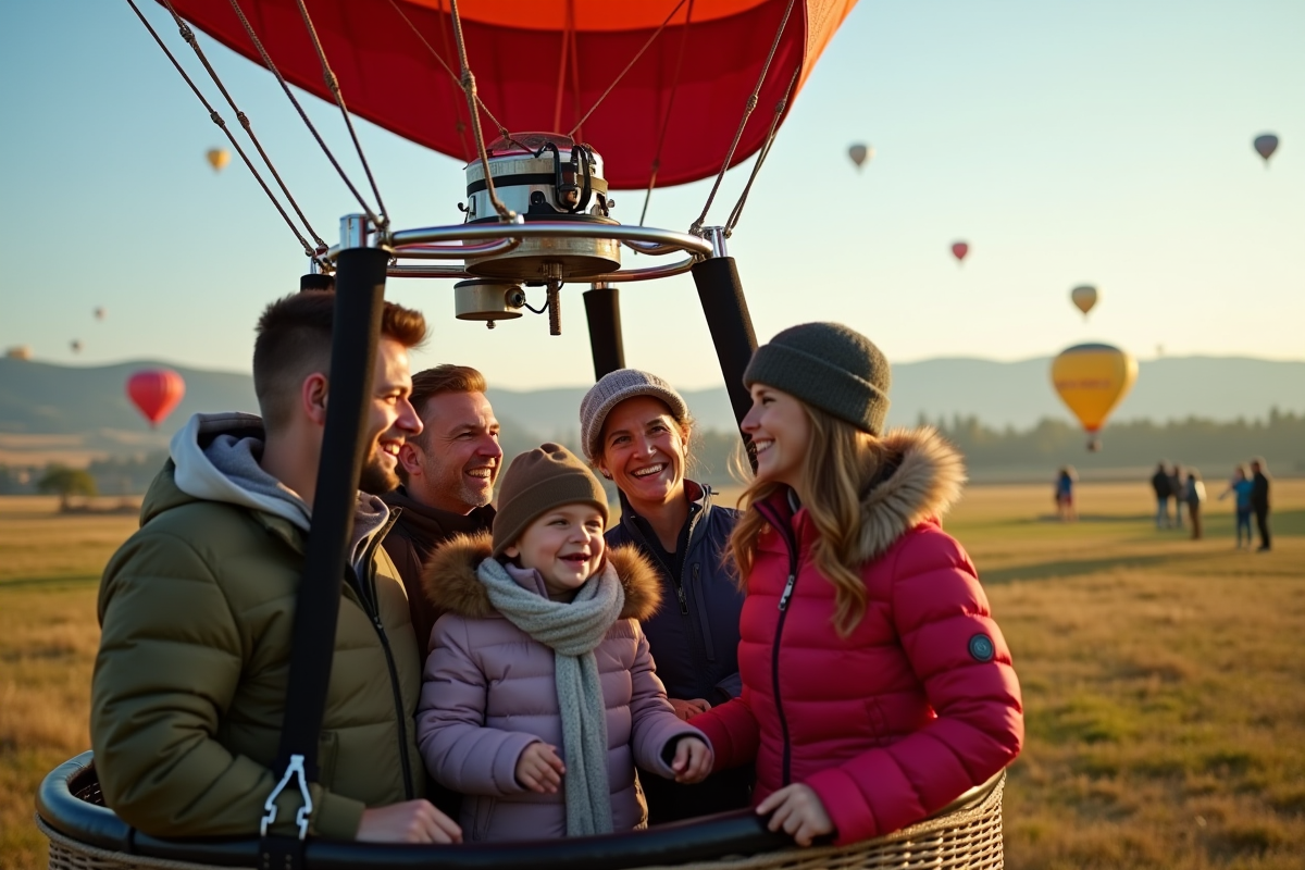 Groupe d'adultes et d'enfants dans une nacelle de montgolfière colorée