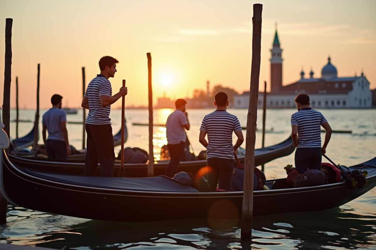 Groupe de gondoliers en entraînement au lever du soleil
