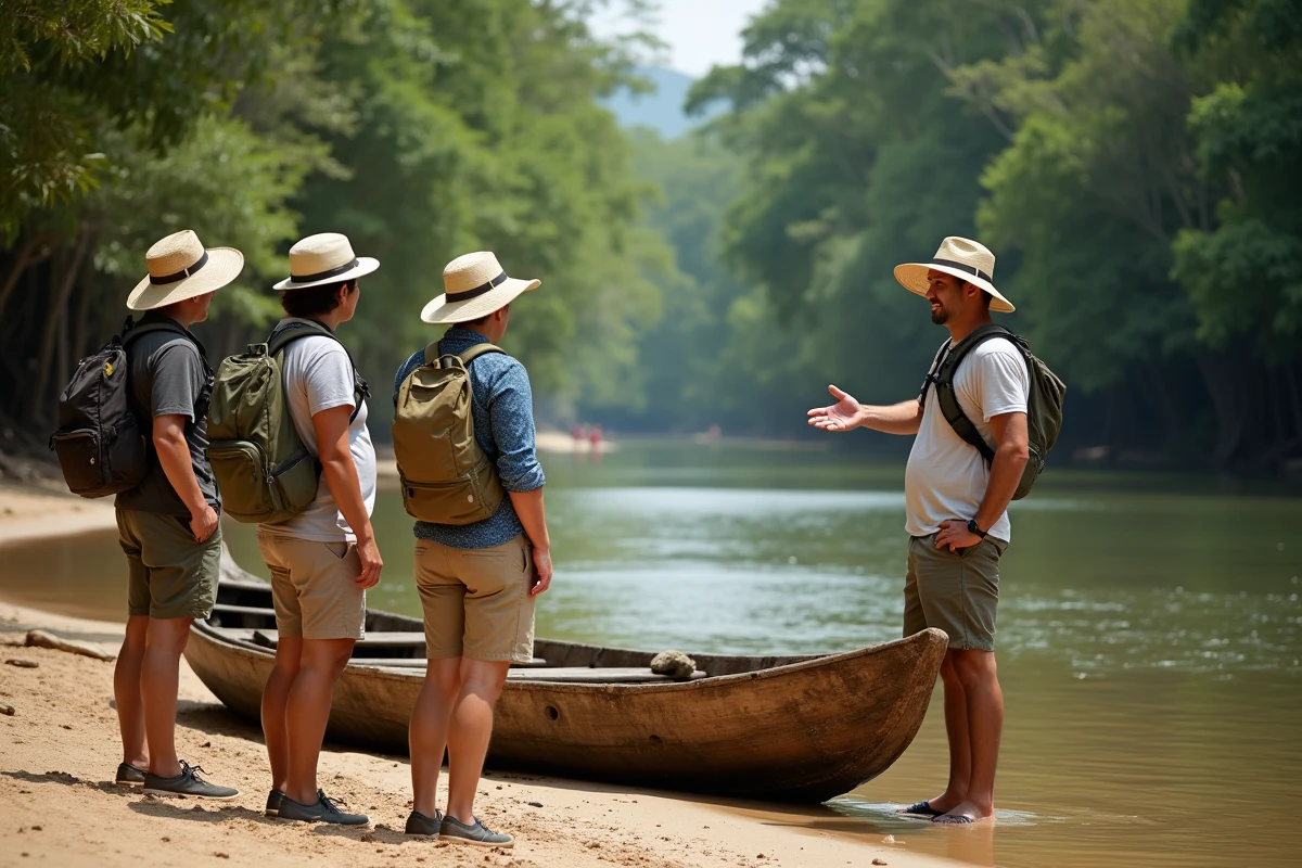 Groupe de voyageurs écoutant un guide local au bord de la rivière lors d'une journée type avec Aguila OneStrip