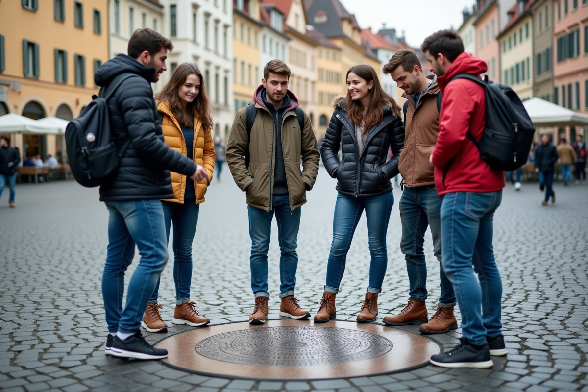 Groupe de jeunes discutant devant une plaque géographique en ville