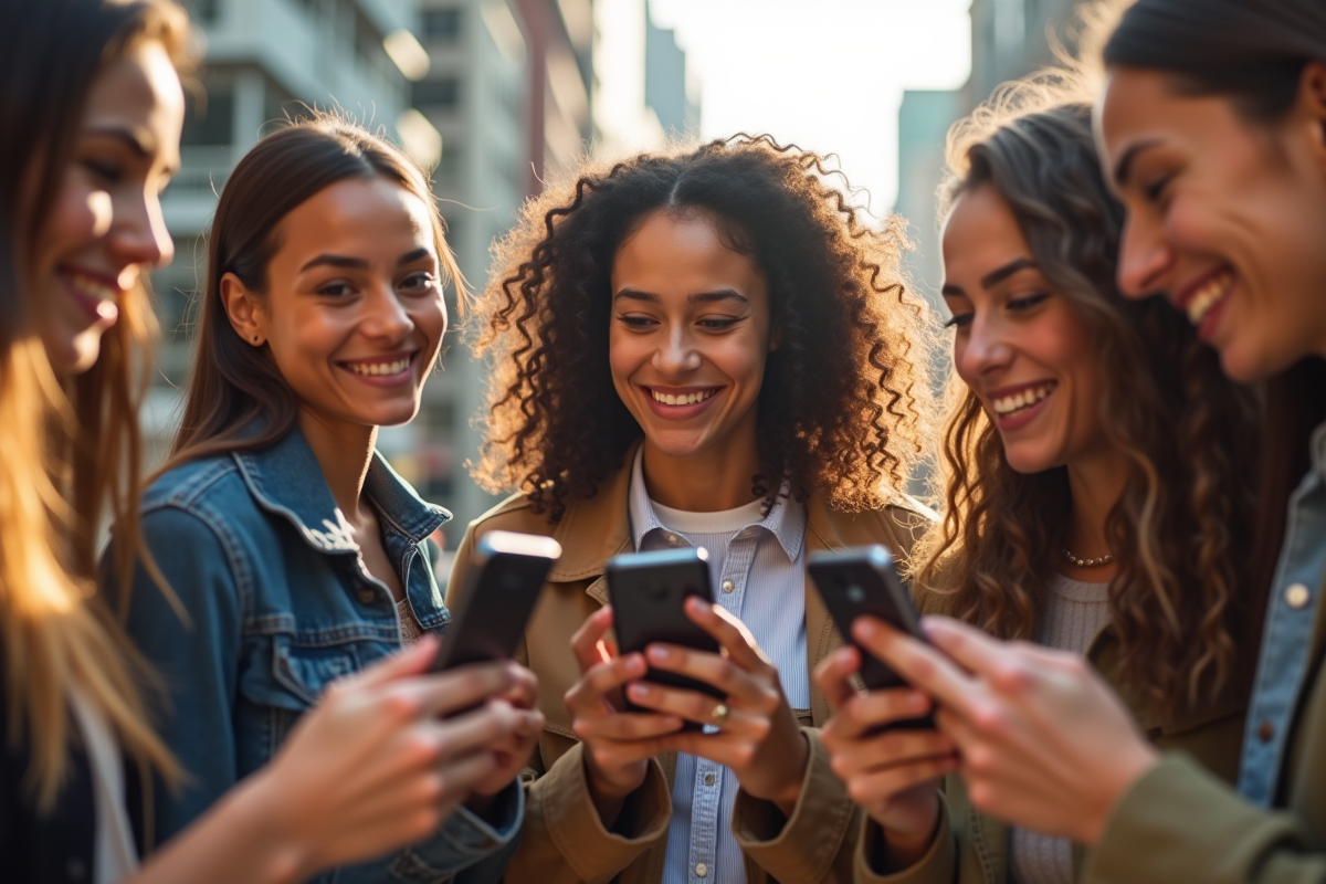 Groupe de jeunes adultes avec smartphones en ville