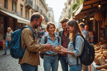 Groupe de touristes d&eacute;couvrant un artisanat local en march&eacute;