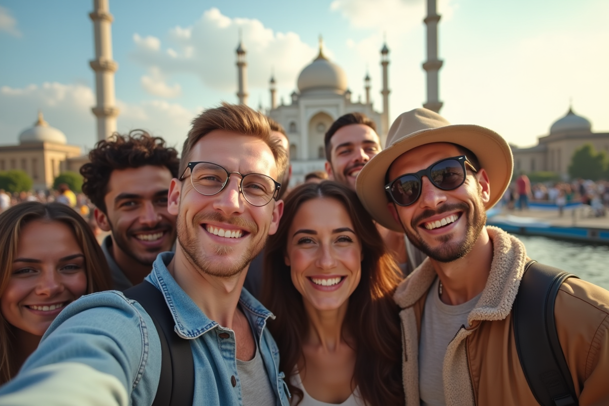 Groupe de voyageurs souriants devant un monument célèbre