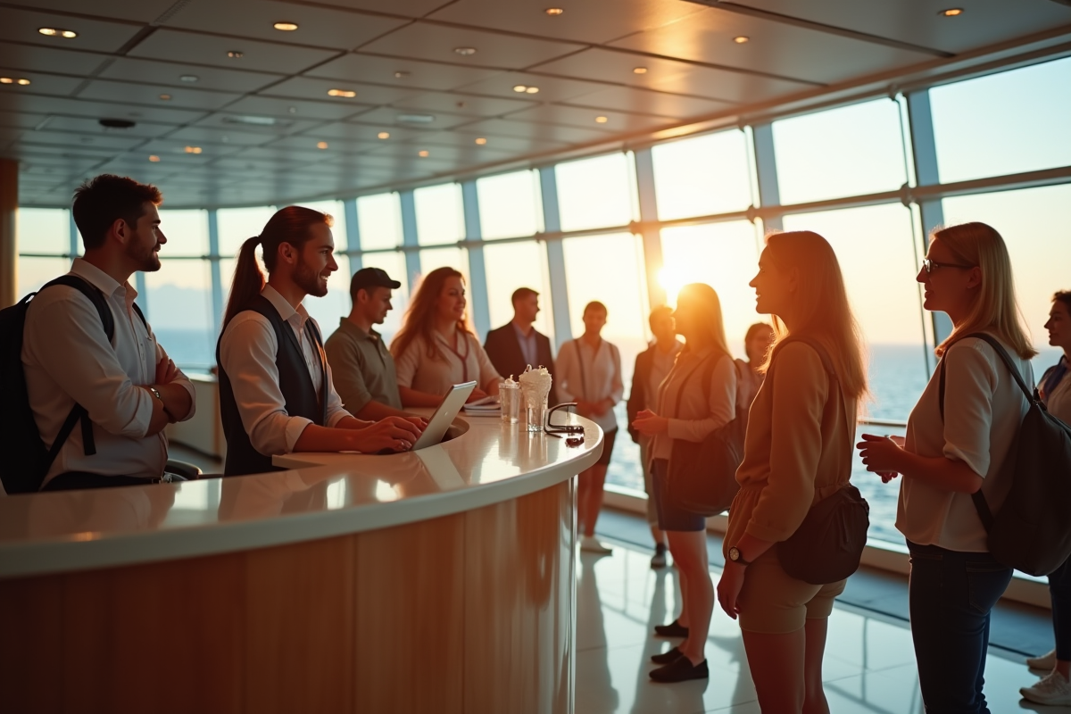 Groupe de voyageurs discutant avec le personnel à la reception du bateau