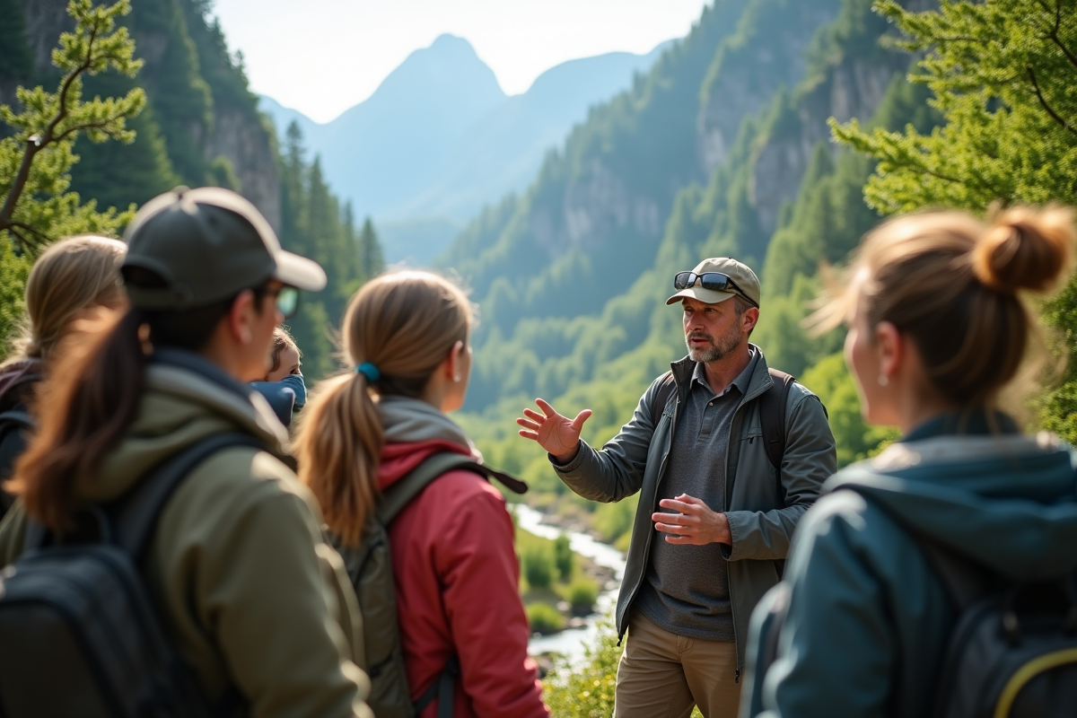 Guide expliquant en plein paysage naturel en montagne