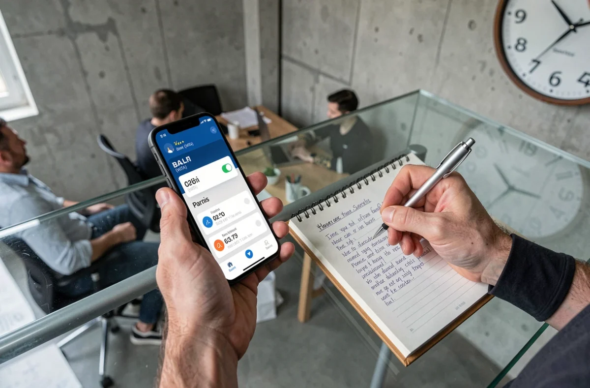 Mains masculines prenant des notes et consultant une application de fuseau horaire pour synchroniser une réunion avec l'heure de Bali