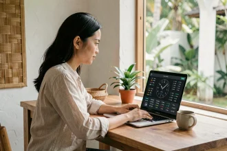 Femme professionnelle travaillant sur un ordinateur portable à Bali avec un affichage d'horloge mondiale pour planifier des réunions à distance