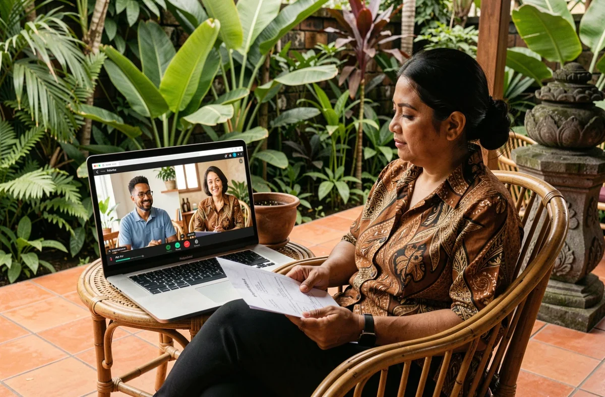 Femme en télétravail sur une terrasse balinaise participant à un appel vidéo international en consultant un planning d'heure de Bali